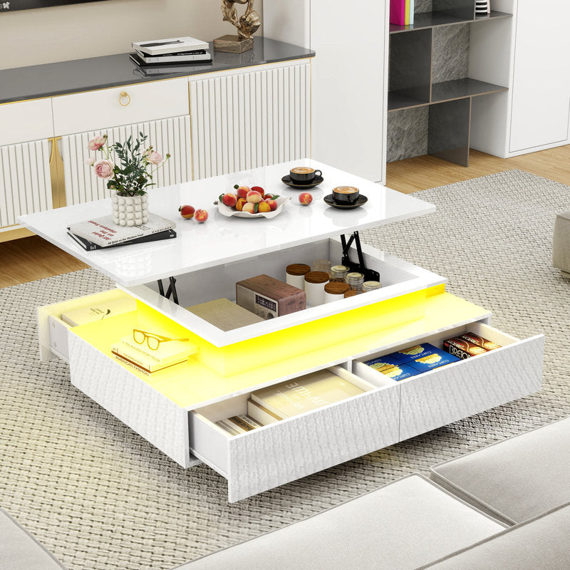 Minimalist White LED Coffee Table With Modern Storage Design