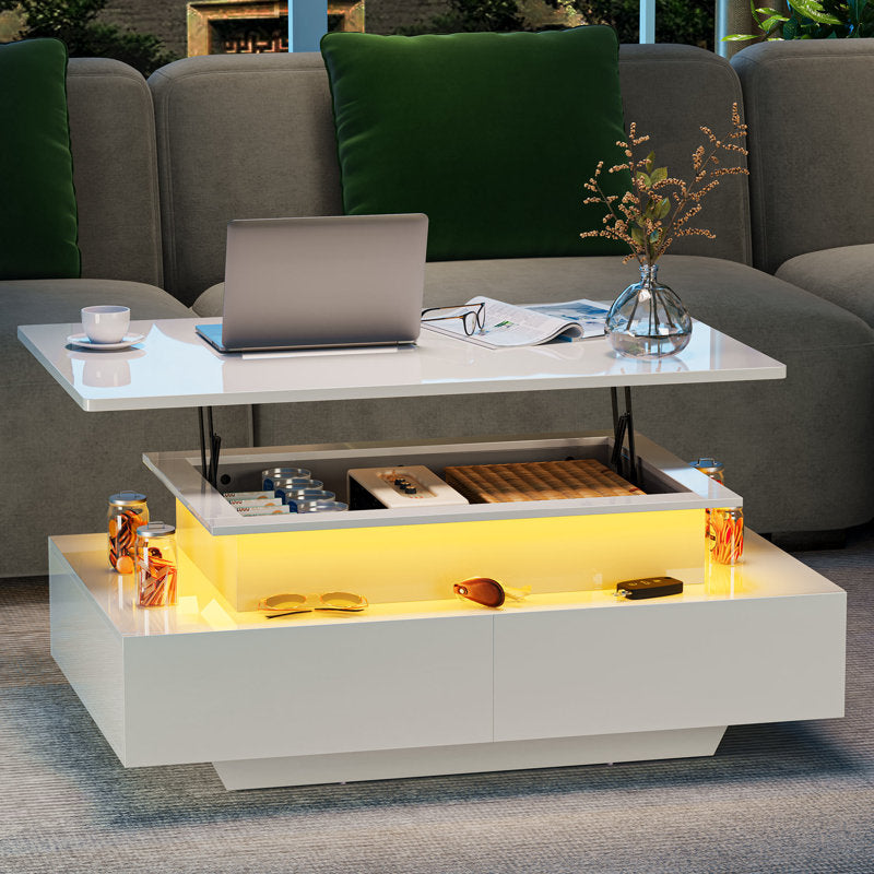 Minimalist White LED Coffee Table With Modern Storage Design