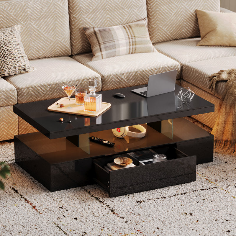 Modern Black LED Coffee Table With Ambient Lighting & Drawer Storage