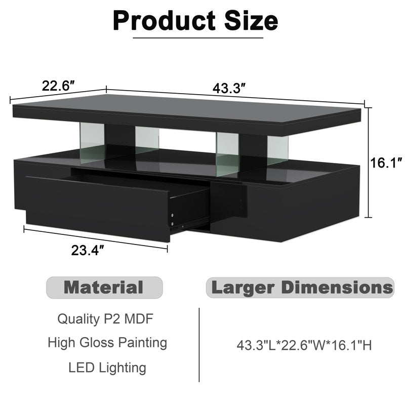 Modern Black LED Coffee Table With Ambient Lighting & Drawer Storage