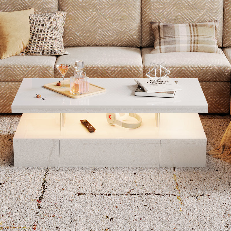 Modern White LED Coffee Table With Ambient Lighting & Drawer Storage