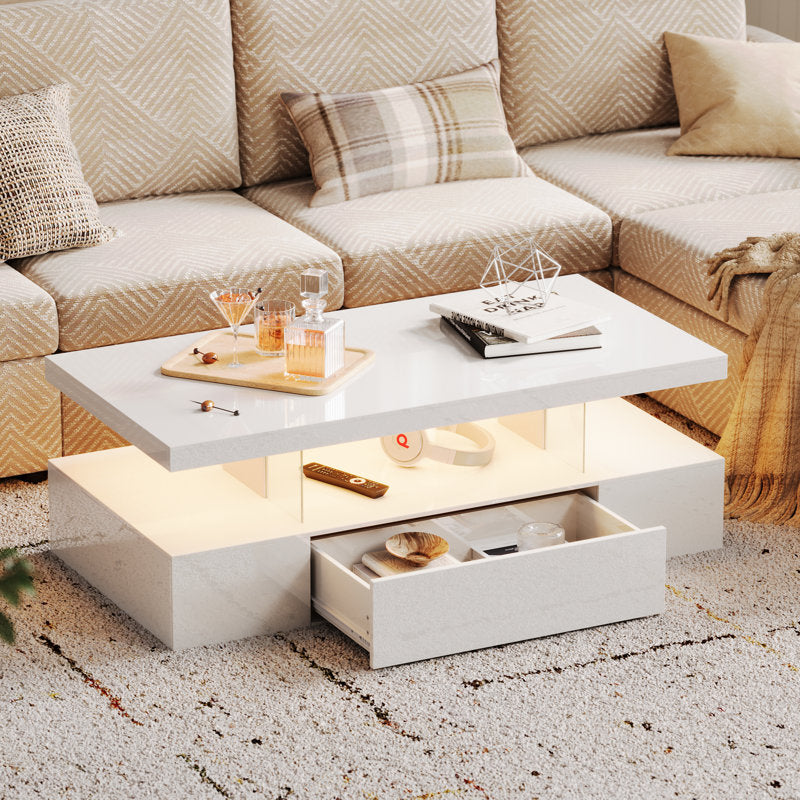 Modern White LED Coffee Table With Ambient Lighting & Drawer Storage