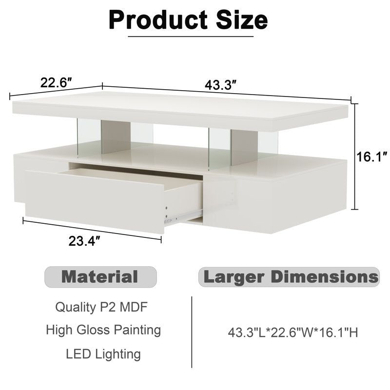 Modern White LED Coffee Table With Ambient Lighting & Drawer Storage
