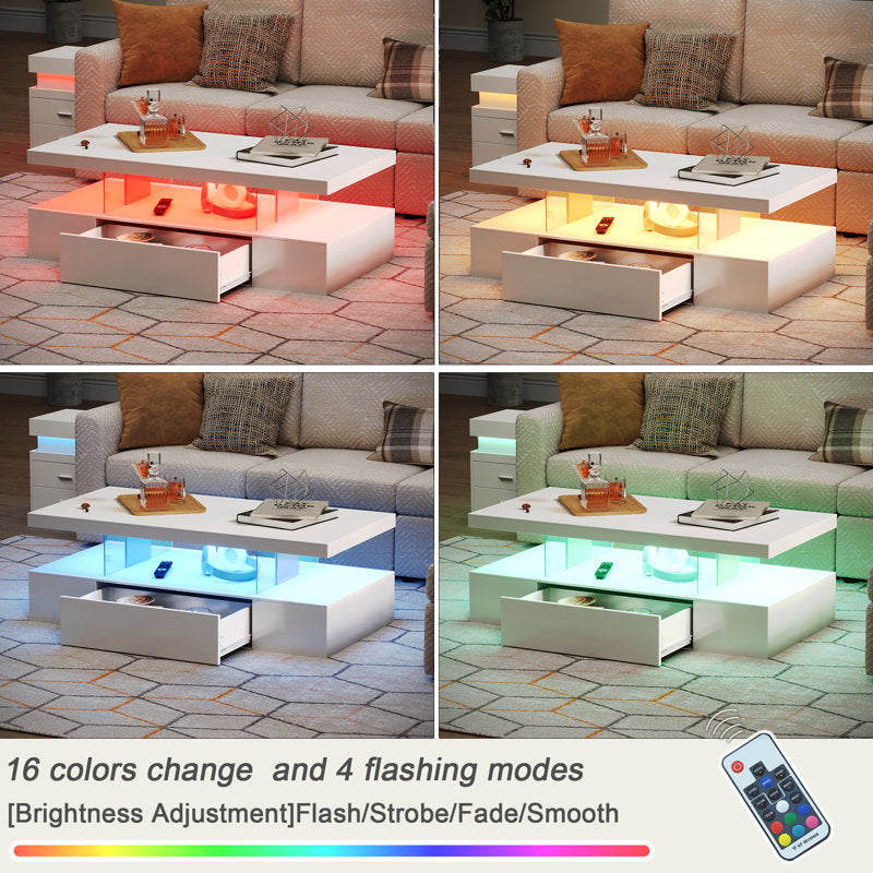 Modern White LED Coffee Table With Ambient Lighting & Drawer Storage