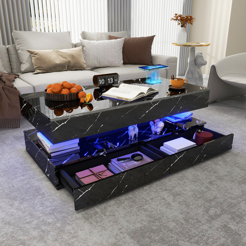 Modern Black LED Coffee Table With Marble Finish & Drawer Storage