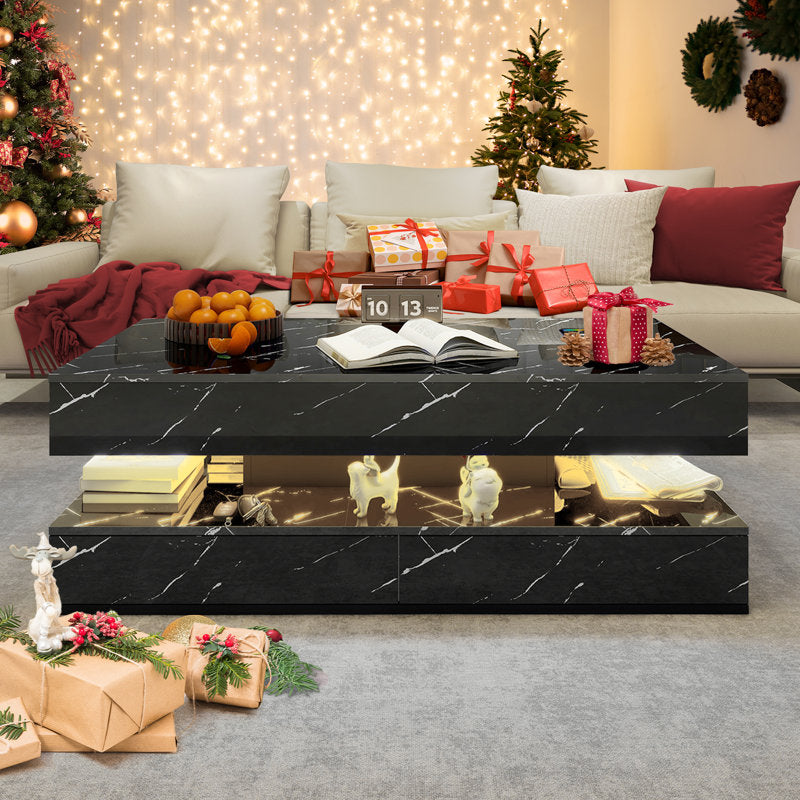 Modern Black LED Coffee Table With Marble Finish & Drawer Storage