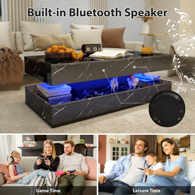 Modern Black LED Coffee Table With Marble Finish & Drawer Storage