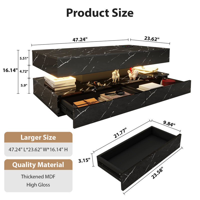 Modern Black LED Coffee Table With Marble Finish & Drawer Storage