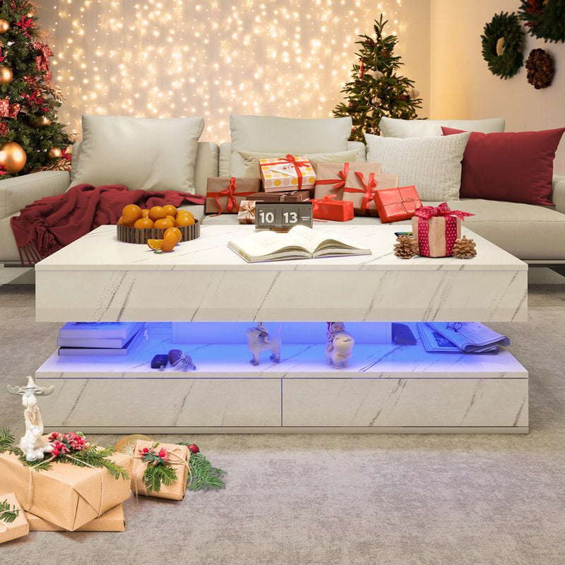 Modern White LED Coffee Table With Marble Finish & Drawer Storage