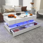 Modern White LED Coffee Table With Marble Finish & Drawer Storage