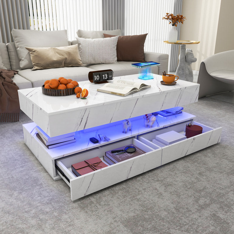 Modern White LED Coffee Table With Marble Finish & Drawer Storage