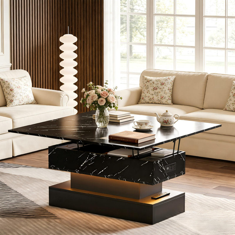 Black LED Coffee Table With Marble Finish & LED Lighting