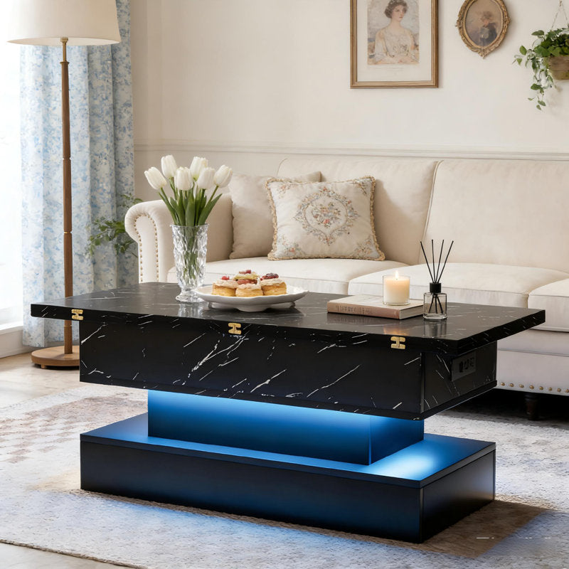 Black LED Coffee Table With Marble Finish & LED Lighting