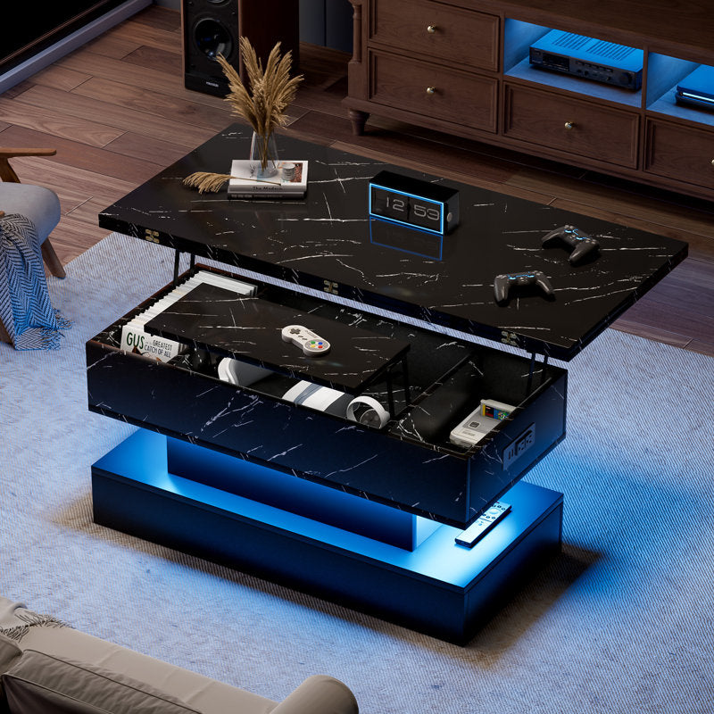 Black LED Coffee Table With Marble Finish & LED Lighting