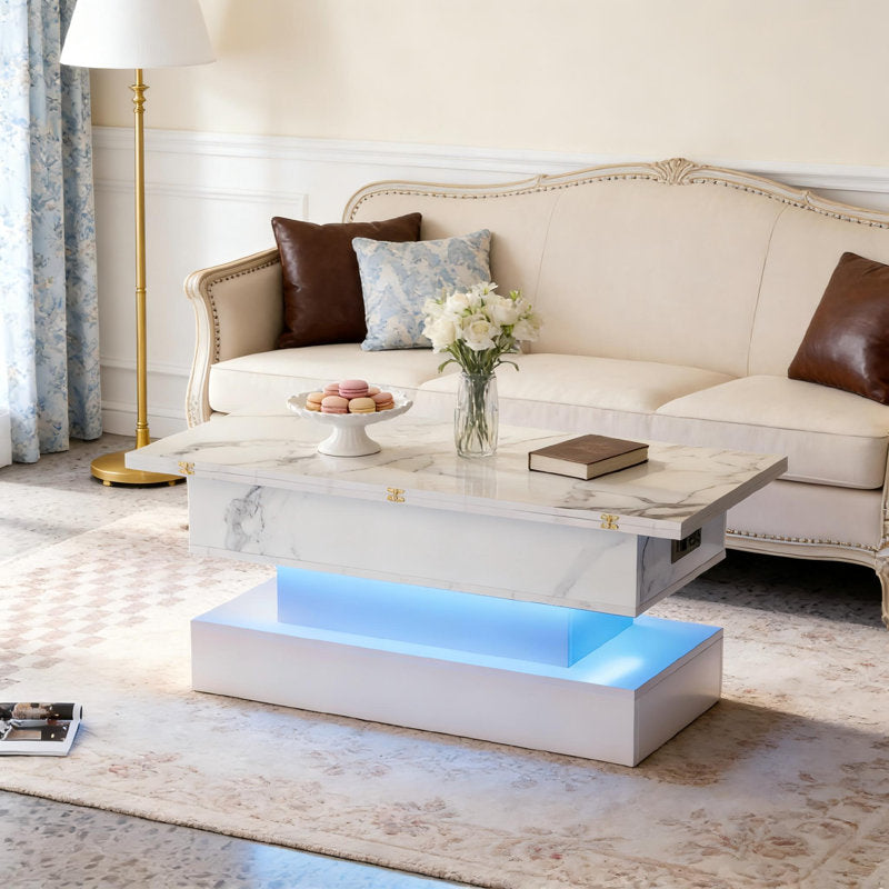 White LED Coffee Table With Marble Finish & LED Lighting