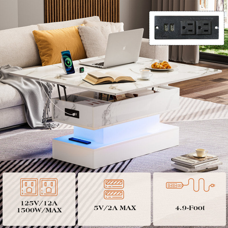 White LED Coffee Table With Marble Finish & LED Lighting