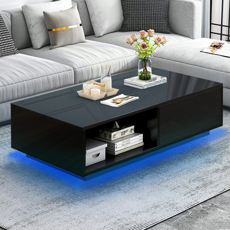 Contemporary Black LED Coffee Table With Floating Top & Storage Shelf