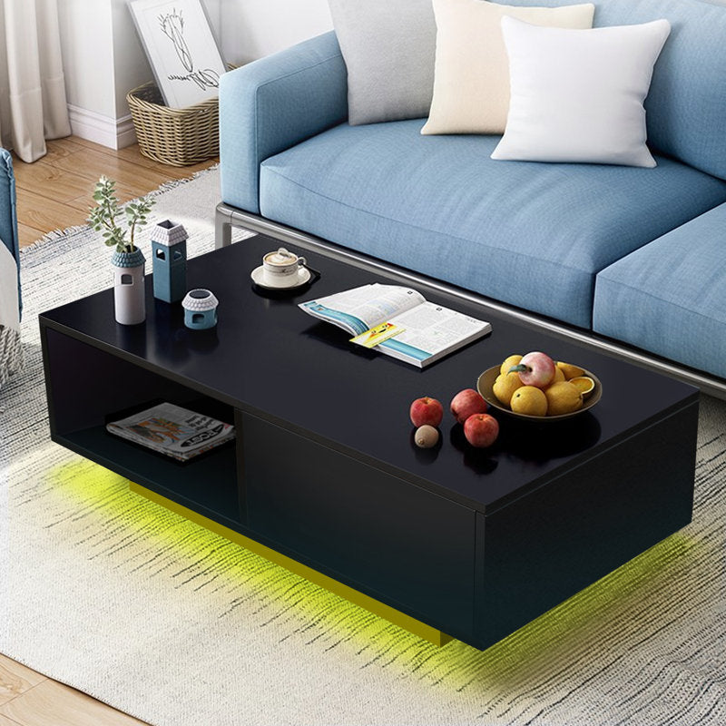 Contemporary Black LED Coffee Table With Floating Top & Storage Shelf