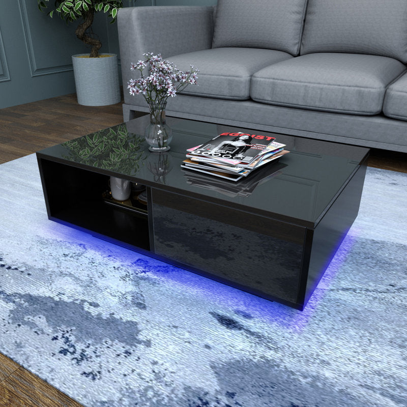 Contemporary Black LED Coffee Table With Floating Top & Storage Shelf