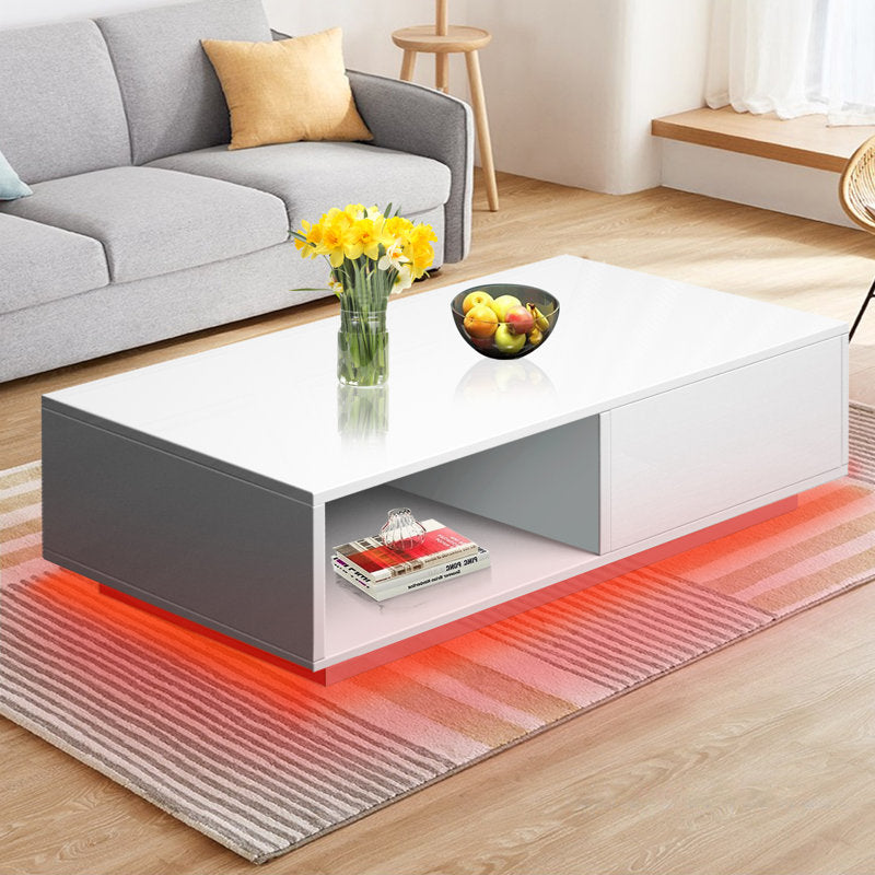 Contemporary White LED Coffee Table With Floating Top & Storage Shelf