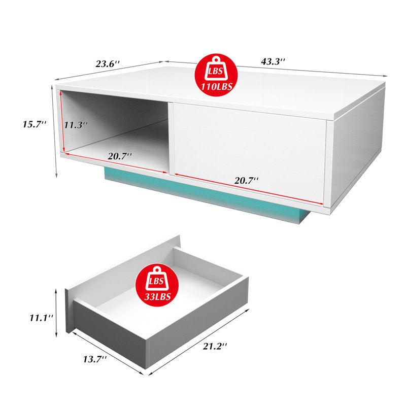 Contemporary White LED Coffee Table With Floating Top & Storage Shelf