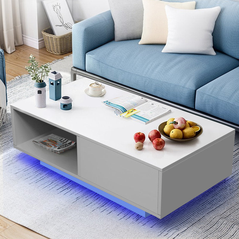 Contemporary White LED Coffee Table With Floating Top & Storage Shelf
