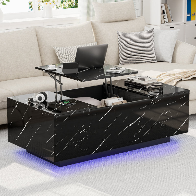 Marble Style Lift Top Black LED Coffee Table With LED Lighting Base