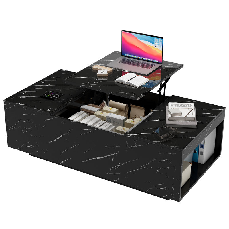 Marble Style Lift Top Black LED Coffee Table With LED Lighting Base