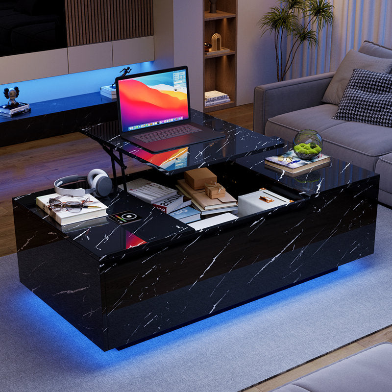 Marble Style Lift Top Black LED Coffee Table With LED Lighting Base