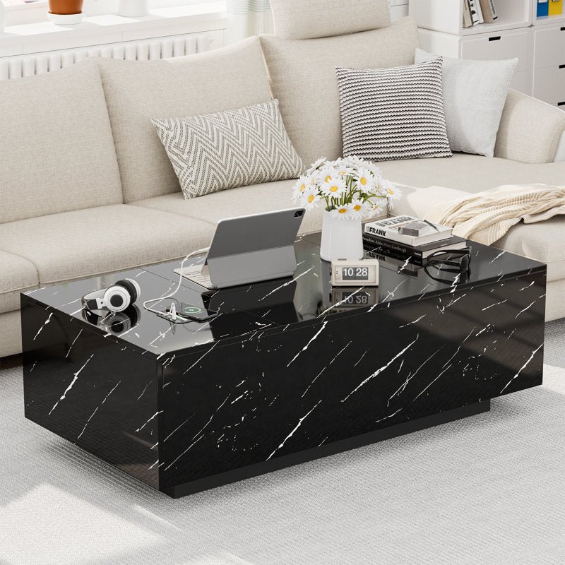 Marble Style Lift Top Black LED Coffee Table With LED Lighting Base