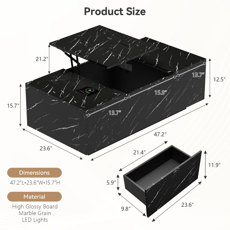 Marble Style Lift Top Black LED Coffee Table With LED Lighting Base