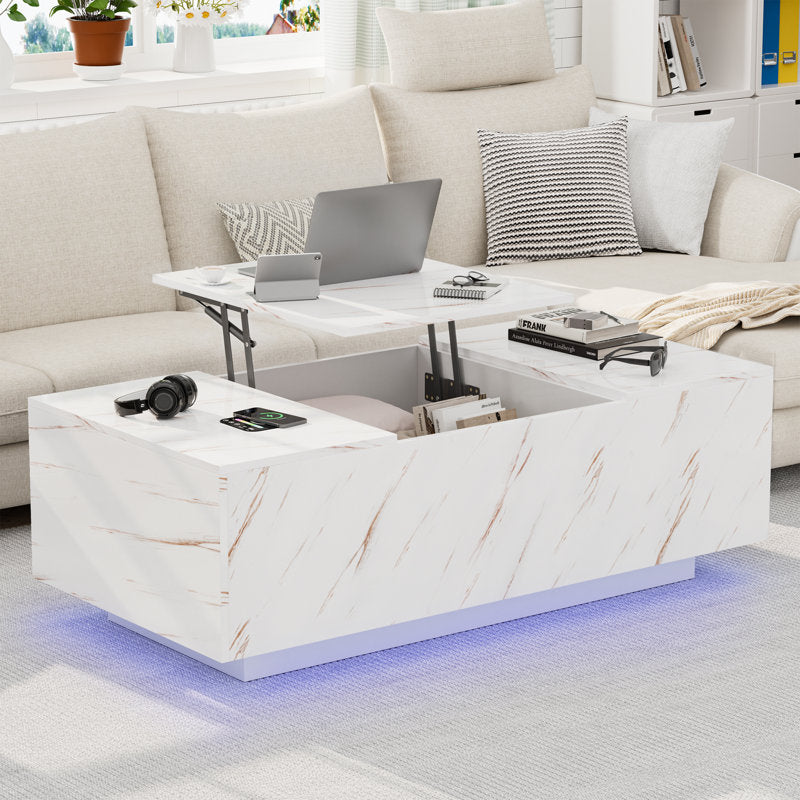 Marble Style Lift Top White LED Coffee Table With LED Lighting Base