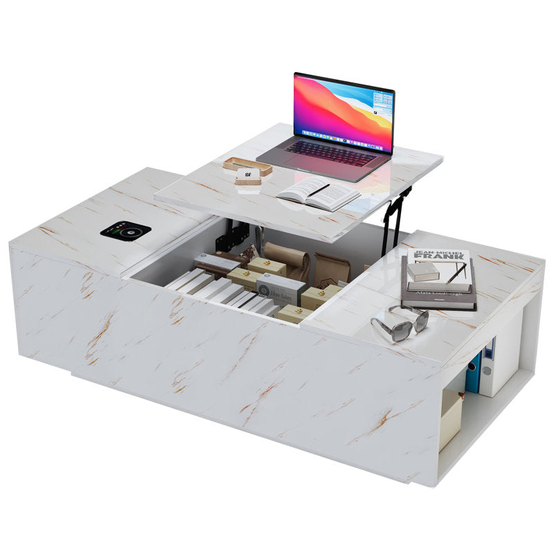 Marble Style Lift Top White LED Coffee Table With LED Lighting Base