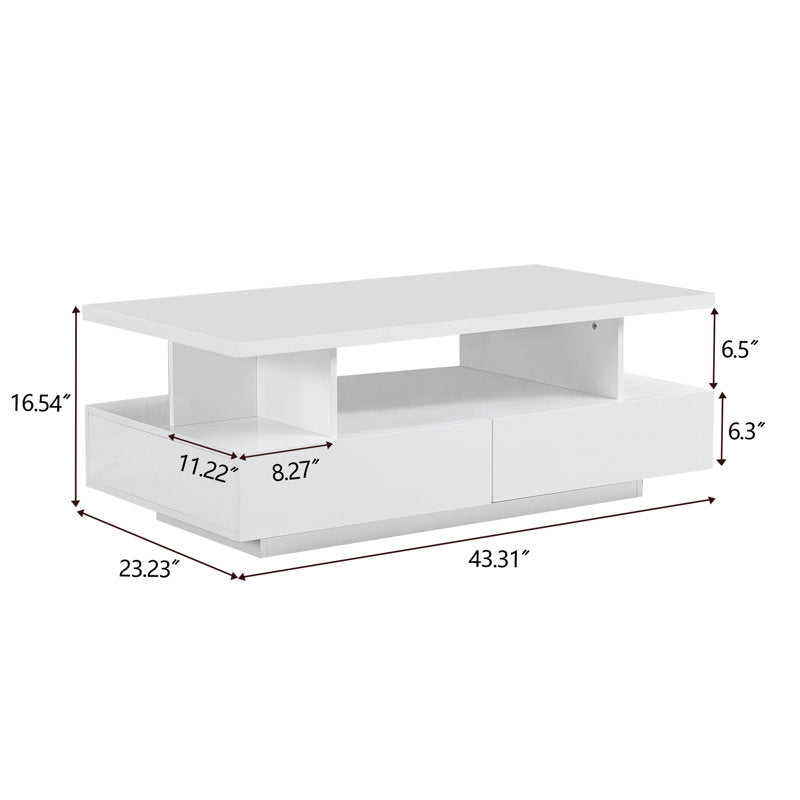 Modern White LED Coffee Table With Storage Drawers & Display Shelf