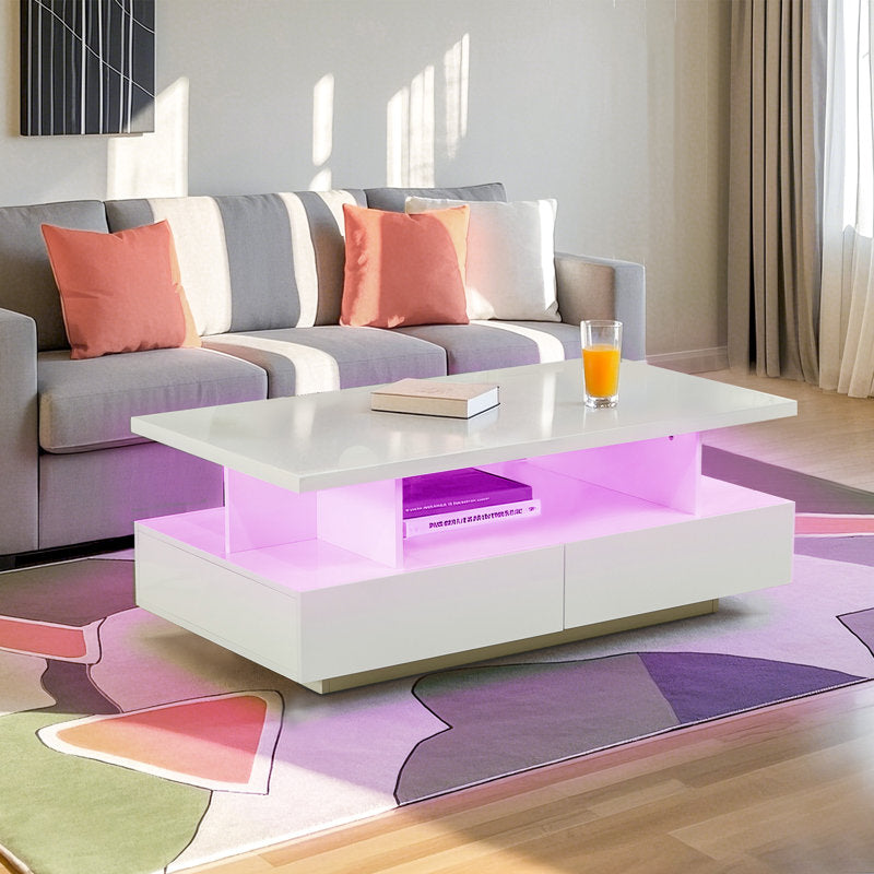 Modern White LED Coffee Table With Storage Drawers & Display Shelf