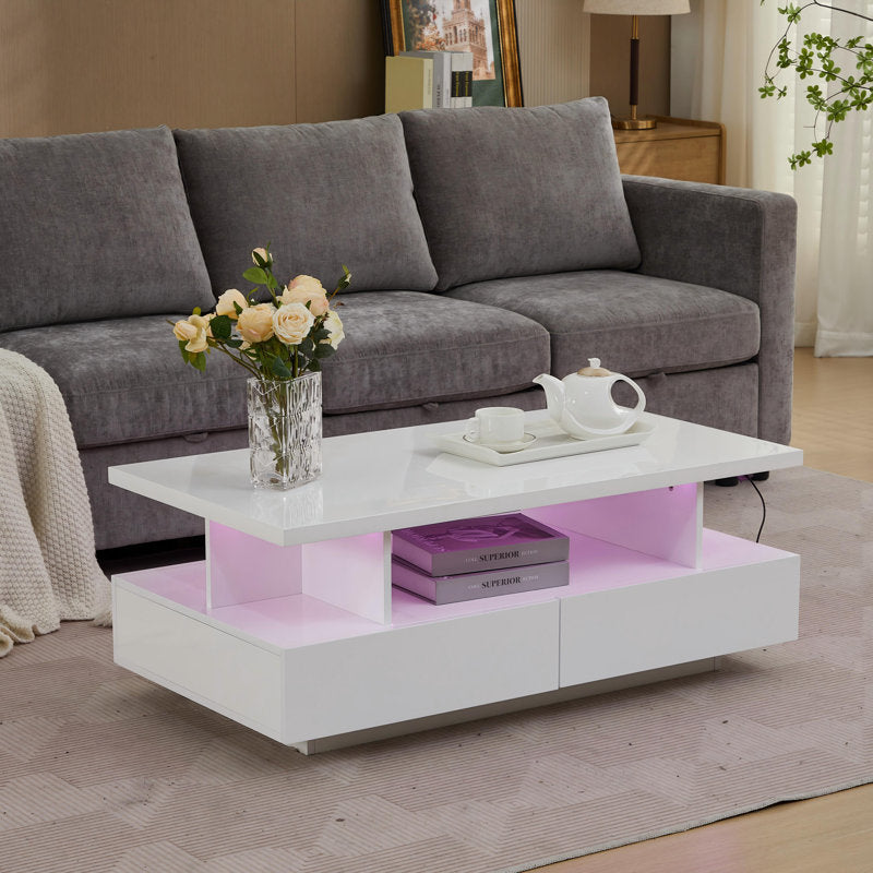 Modern White LED Coffee Table With Storage Drawers & Display Shelf
