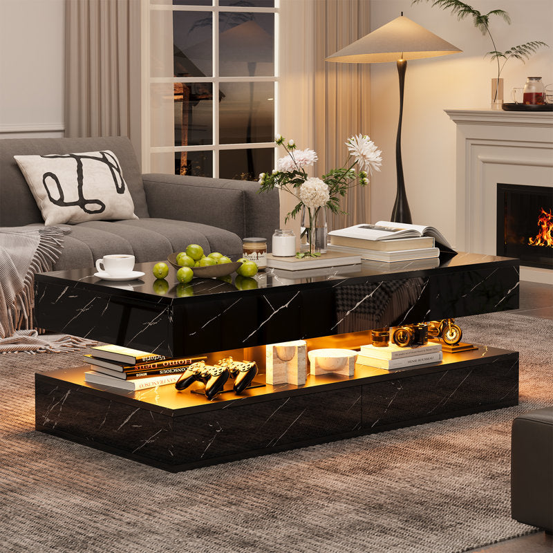 Contemporary Black LED Coffee Table With Marble Texture & Display Shelf