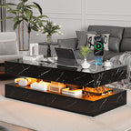 Contemporary Black LED Coffee Table With Marble Texture & Display Shelf