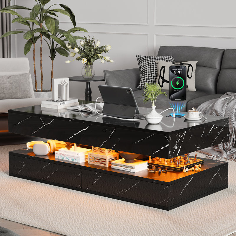 Contemporary Black LED Coffee Table With Marble Texture & Display Shelf