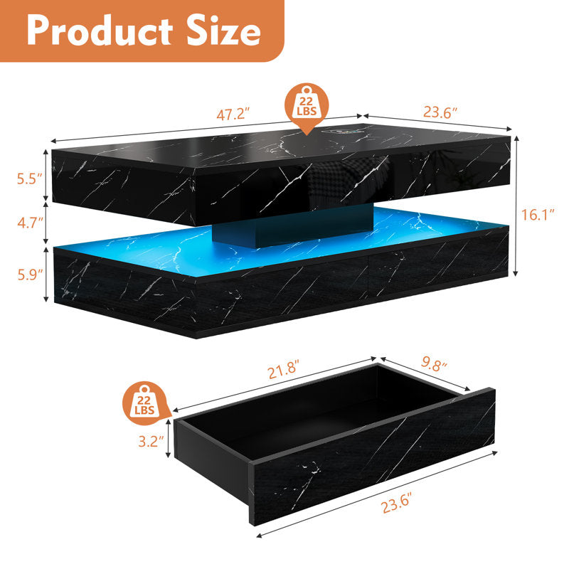 Contemporary Black LED Coffee Table With Marble Texture & Display Shelf
