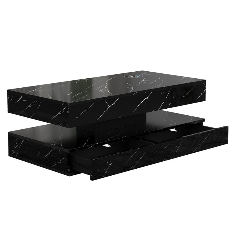 Contemporary Black LED Coffee Table With Marble Texture & Display Shelf