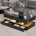 Contemporary Black LED Coffee Table With Marble Texture & Display Shelf