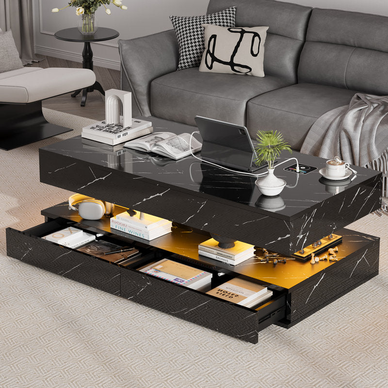 Contemporary Black LED Coffee Table With Marble Texture & Display Shelf