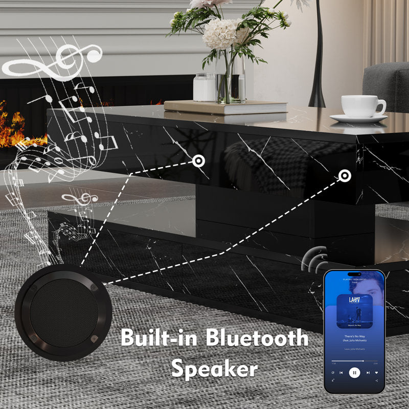 Contemporary Black LED Coffee Table With Marble Texture & Display Shelf