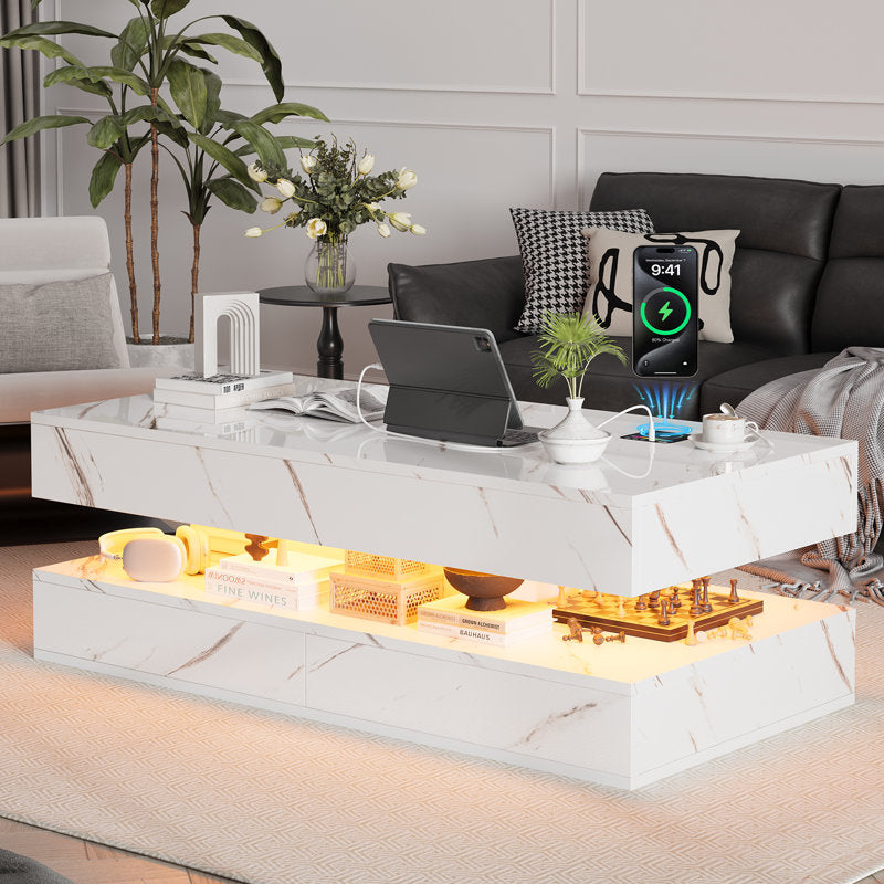 Contemporary White LED Coffee Table With Marble Texture & Display Shelf
