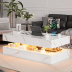 Contemporary White LED Coffee Table With Marble Texture & Display Shelf