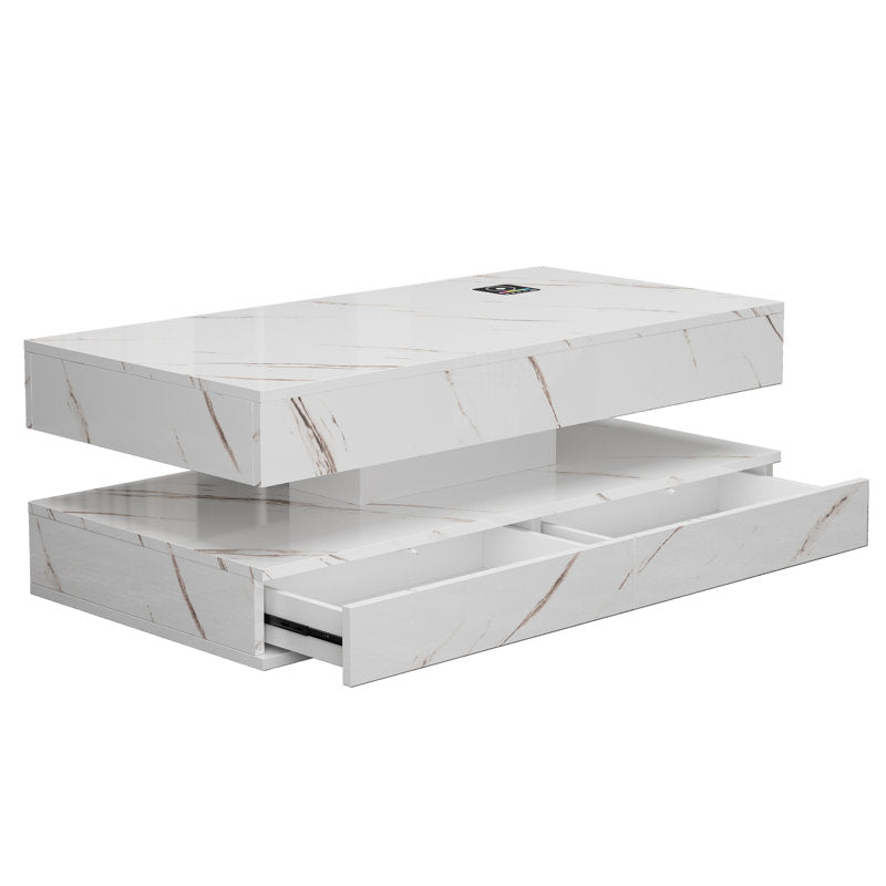 Contemporary White LED Coffee Table With Marble Texture & Display Shelf
