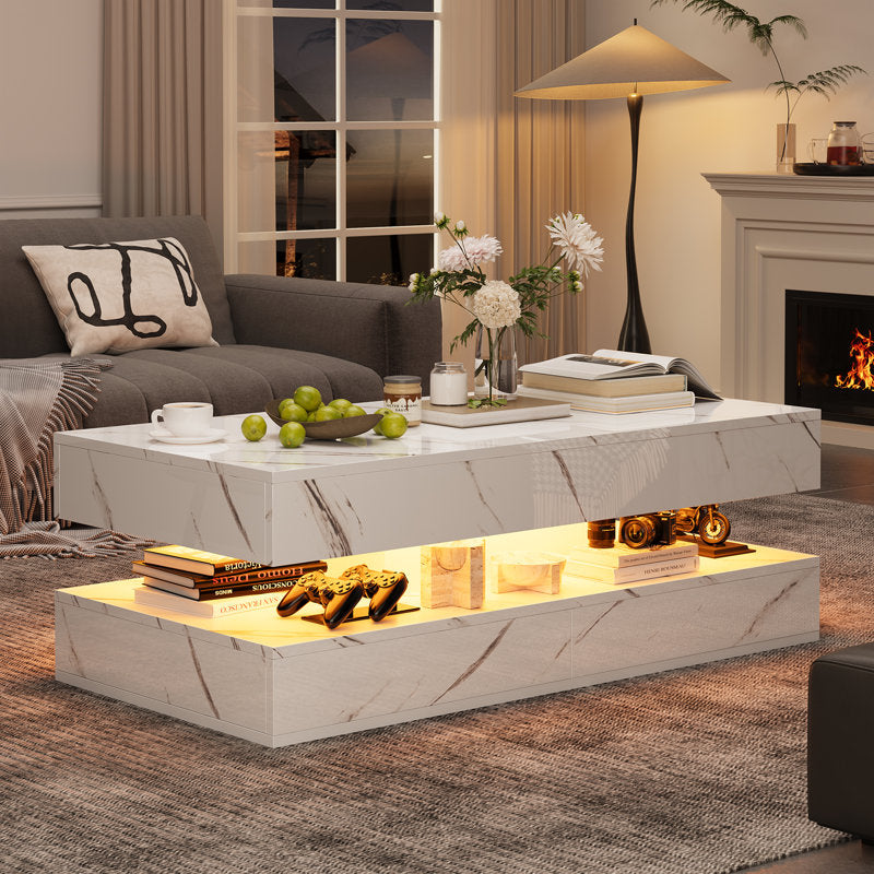 Contemporary White LED Coffee Table With Marble Texture & Display Shelf