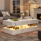 Contemporary White LED Coffee Table With Marble Texture & Display Shelf