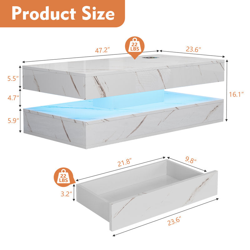 Contemporary White LED Coffee Table With Marble Texture & Display Shelf
